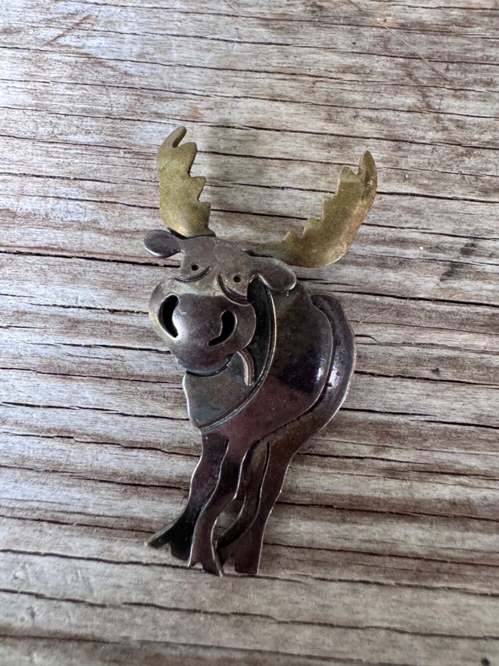 Far Fetched Moose Brooch Sterling Silver Brass 925 Mexico Figural Animal Pin